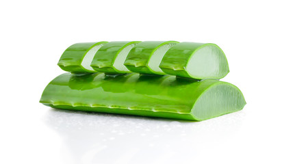 Water drops slice Aloe Vera (Aloe barbadensis Mill, Star cactus, Aloe, Aloin, Jafferabad or Barbados) isolated on a white background