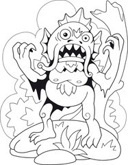 cartoon scary swamp monster, coloring book, funny illustration