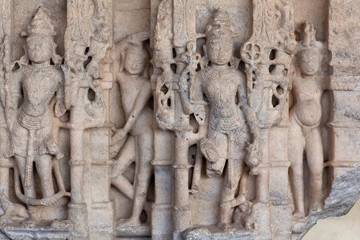 Bas-relief with Varuna and Vayu gods in famous ancient Shree Eklingnath Ji hindu temple in Udaipur, Rajasthan, India