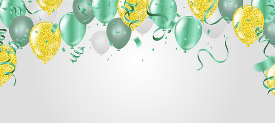 Vector happy birthday card with green balloons, party invitation.