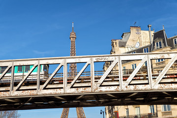Eiffel tower and aerial subway in Paris city