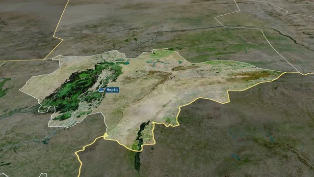 Mopti - region of Mali with its capital zoomed on the satellite map of the globe. Animation 3D