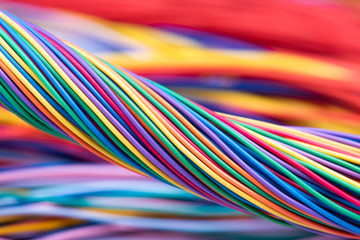 Colorful electrical cable  computer and telecommunication network, industry and technology of data transmission concept