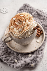 Hot chocolate with cream and cinnamon stick in a ceramic cup. The concept of winter time.