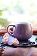 Cup of coffee, meringues, pumpkins, leaves, plaid on a window background, home comfort concept, Thanksgiving, autumn season