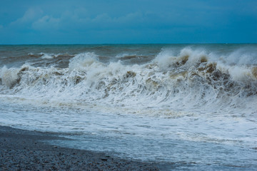 Stormy sea waves breaking near the coast, Batumi