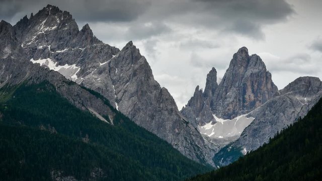 Timelapse of Cima Dodici or Zw&ouml;lferkofel dolomitic group in the Sexten Dolomites, South Tyrol. Italy. Tilt camera movement.