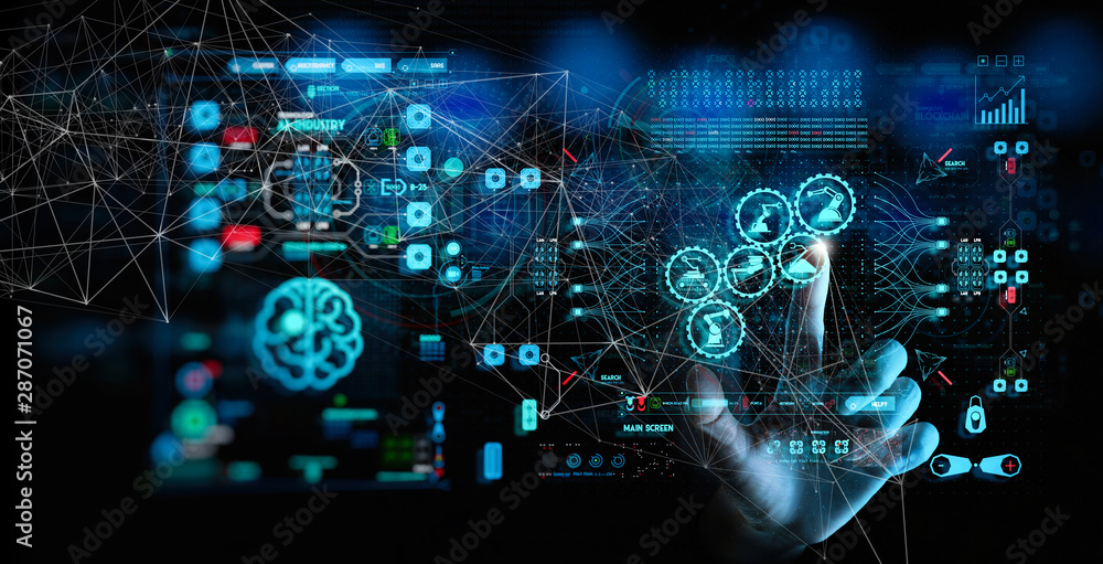 Poster Engineer hand check and control welding robotics automatic arms icon with machine in intelligent factory automotive industrial with UI monitoring system software.