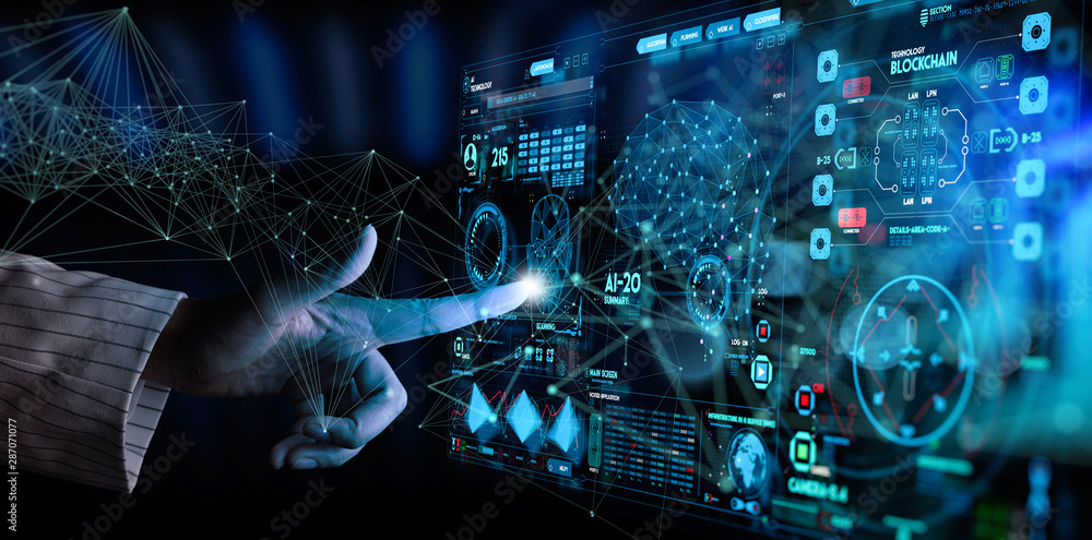 Poster Business hand working with cryptocurrency and Ai conputer interface.