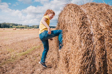 A British red-haired boy climbs a haystack in a field
