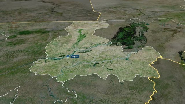 S&eacute;gou - region of Mali with its capital zoomed on the satellite map of the globe. Animation 3D