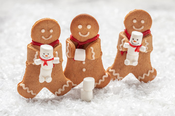 Funny Gingerbread cookie men with tiny marshmallow snowman