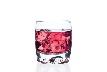 A glass of whiskey with ice cubes on a white background.