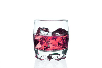 A glass of whiskey with ice cubes on a white background.