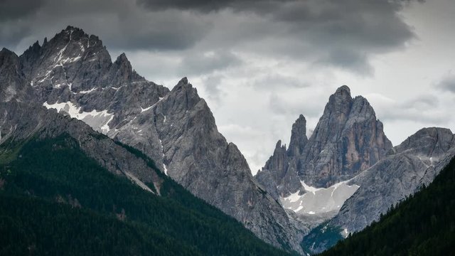 Timelapse of Cima Dodici or Zw&ouml;lferkofel dolomitic group in the Sexten Dolomites, South Tyrol. Italy. Tilt camera movement.
