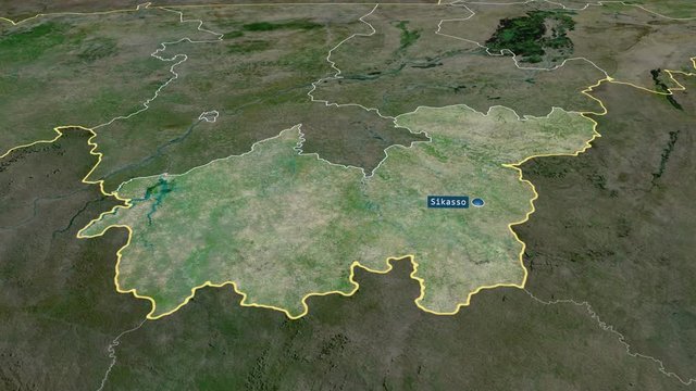 Sikasso - region of Mali with its capital zoomed on the satellite map of the globe. Animation 3D