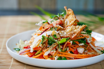 Thai salad with fresh vegetables, poached chicken and crispy chicken skin