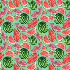 Watercolor drawing juicy bright watermelon seamless pattern
