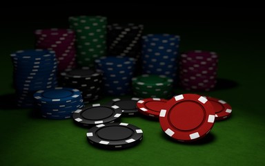 poker chips on green poker table