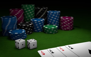 playing cards,dices and poker chips on green poker table