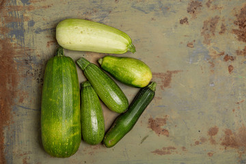 Fresh zucchini or green courgette, farm fresh produce, summer squash, overhead