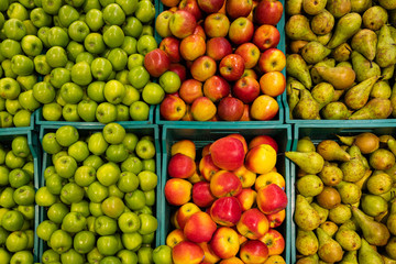 Two rows of various fruits plastic containers at supermarket. Green and red apples and pears top view.