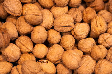 Delicious walnuts in shells, healthy fats, vitamins. May be used as abstract background.