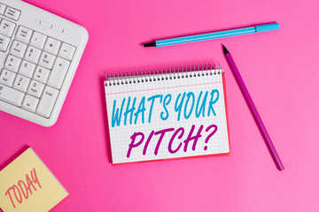 Conceptual hand writing showing What S Is Your Pitch question. Concept meaning asking about...