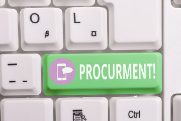 Writing note showing Procurment. Business concept for action of acquiring military equipment and supplies Keyboard with note paper on white background key copy space