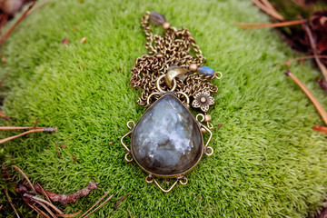 Labradorite drop shape decorative pendant on brass chain
