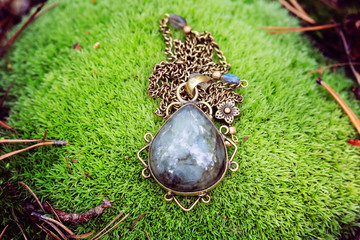 Labradorite drop shape decorative pendant on brass chain