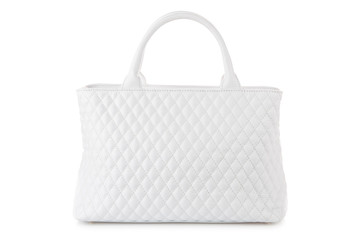 fashionable white quilted women bag, on a white background, frontal position