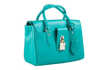 turquoise women bag on a white background, with metal fittings