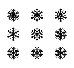 Vector illustration, snowflake icon set. Isolated black silhouette on white background. Applicable as a decorative element for Xmas designs, winter weather concepts etc.