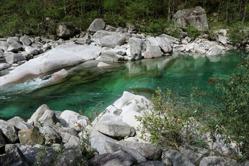 Naklejka na ściany i meble Beautiful landscape - The clear water of the Verzasca River, Switzerland