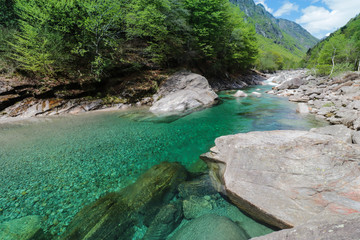 Beautiful landscape - The clear water of the Verzasca River, Switzerland