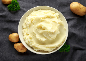 Mashed potatoes in white bowl. Healthy food