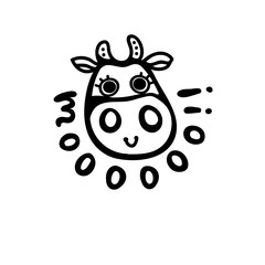 Vector illustration, line cartoon smiling cow face. Hand drawn, isolated. With 