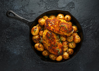 Freshly cooked breaded chicken Kiev's served with crispy baked rosemary potato in rustic cast iron skillet, pan