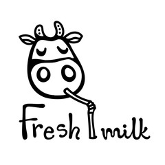 Vector illustration, line cartoon cow drinking milk with straw. Hand drawn, Isolated. With 