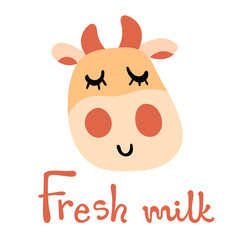 Vector illustration, flat cartoon ginger cow face. Hand drawn, Isolated. With "Fresh milk" lettering. Applicable for package, poster, label designs, banners, flyers etc.