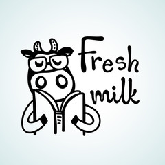 Vector illustration, line cartoon cow wearing glasses and reading book. Hand drawn, black outline. 