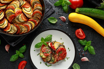 Ratatouille Vegetable Stew with zucchini, eggplants, tomatoes, garlic, onion and basil. Traditional French food.