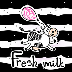 Vector illustration, line sketched running or flying cow with air balloon. Hand drawn, paper (cut) art style, striped background. 