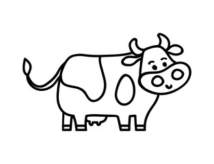 Vector illustration, line cartoon standing spotted cow. Hand drawn, isolated. Applicable for package, poster, label designs, banners, flyers etc.