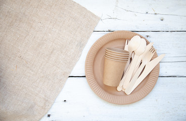 Eco-friendly disposable paper tableware. Party, picnic and camping concept, camping utensils