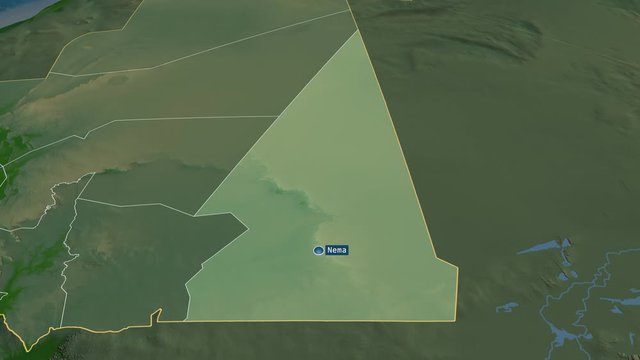 Hodh ech Chargui - region of Mauritania with its capital zoomed on the physical map of the globe. Animation 3D