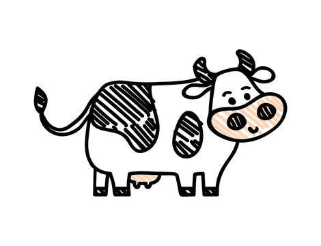 Vector illustration, line cartoon standing spotted cow. Hand drawn, isolated. Applicable for package, poster, label designs, banners, flyers etc.