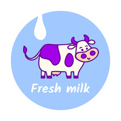 Standing spotted cute cow in violet pastel colors in line cartoon style with 