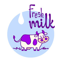 Standing spotted cute cow in blue and violet pastel colors in line cartoon style with 